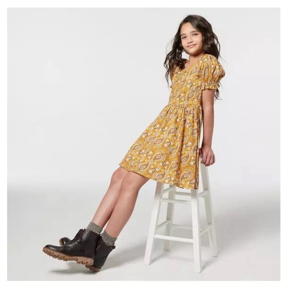 Janie And Jack Girls Spruce Yellow Paisley‎ Puff Sleeve Dress Size 18 (MSRP $79)